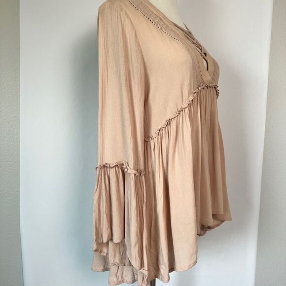 FOREVER 21 Nude Pink Bell Sleeve V-neck Mesh Detail Flowy Ruffle Boho Blouse - Picture 9 of 11